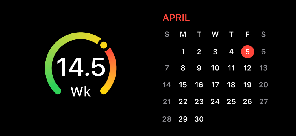 A dark mode interface displaying the current week number and a monthly calendar for April.