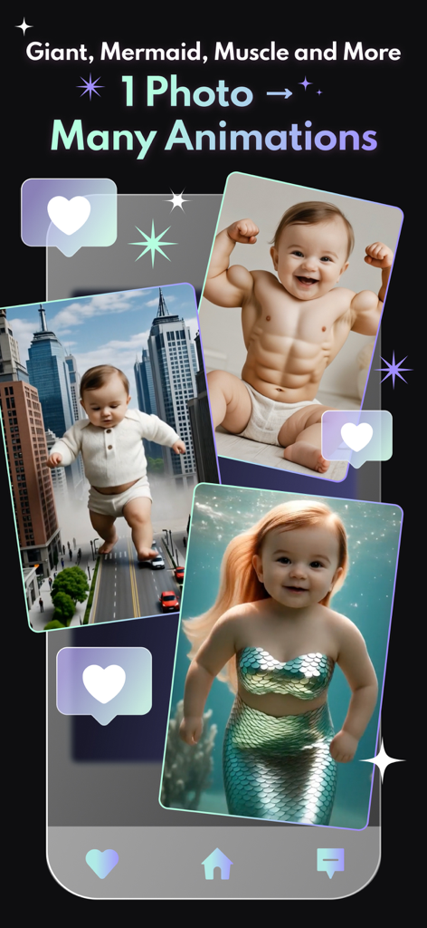 FaceVibe - AI Photo & Video - Uma vitrine de IA FaceVibe transformando uma única foto de bebê em várias animações como um gigante na cidade, um fisiculturista musculoso e uma sereia.