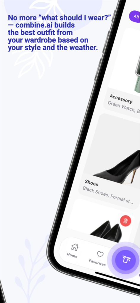 Combine AI: Outfit Planner - Combine AI app screen showing personalized outfit suggestions for shoes and accessories based on style and weather.