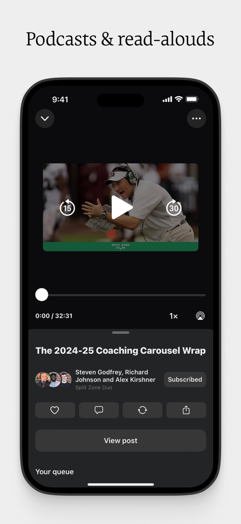 Substack app podcast player and read-aloud screen