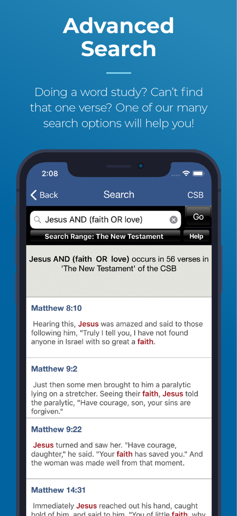 Advanced search interface in the Blue Letter Bible app showing search results for a word study