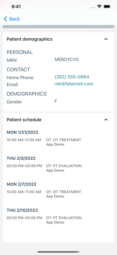Patient demographics and appointment schedule view in the WellSky Resource Manager app
