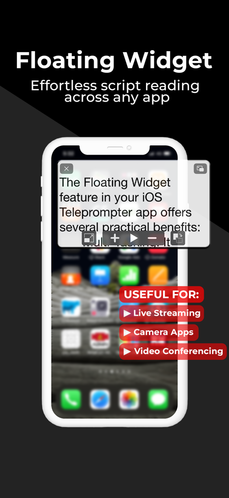 Teleprompter with Video - Widget de teleprompter flotante que muestra un guion sobre la pantalla de inicio de un iPhone para multitarea durante transmisiones en vivo.
