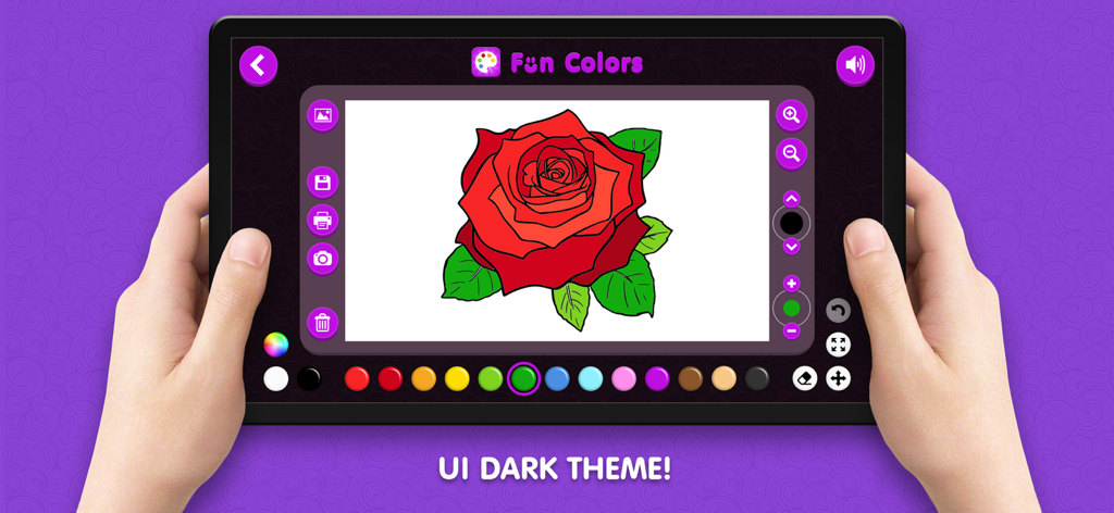 タブレットでダークモードで表示された赤いバラのデジタル塗り絵アプリ。