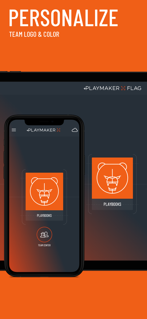 Interfaccia dell'app Flag Football Playmaker X che mostra le opzioni di personalizzazione per logo e colori della squadra su schermi mobili e tablet.
