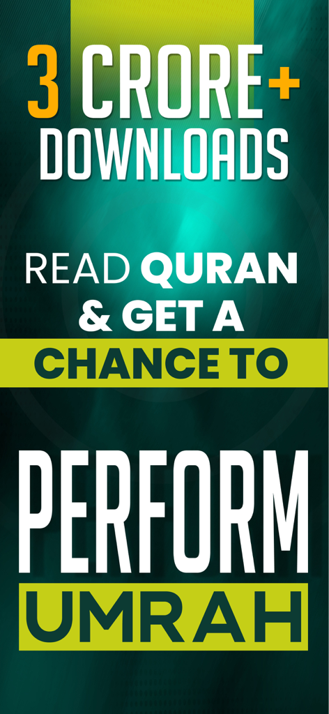 Islam360: Quran Hadith Qibla - Islam360 app promotion showing over 3 crore downloads and a chance to perform Umrah by reading the Quran