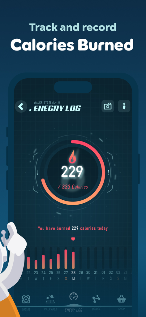 Walkr app energy log screen showing daily calories burned tracking with a circular progress indicator