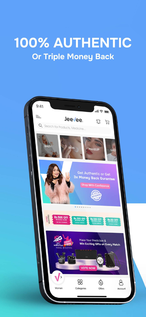 Interfaz de la aplicación móvil Jeevee que muestra productos de salud, belleza y bebé con un banner de garantía del cien por cien auténtico.