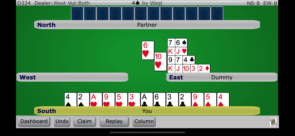 Digital card table interface from Audrey Grant's Better Bridge app showing a bridge hand in progress