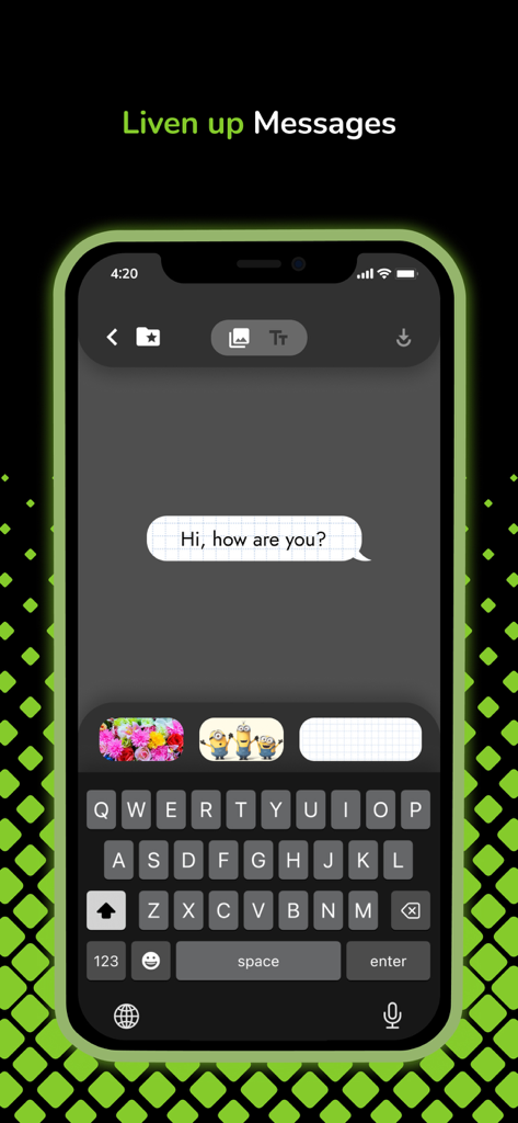 Sticker Maker for Messenger - Interfaz de la aplicación móvil para personalizar mensajes de texto con temas animados y stickers.