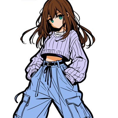 anime teen girl with baggy pants and crop top with sweater