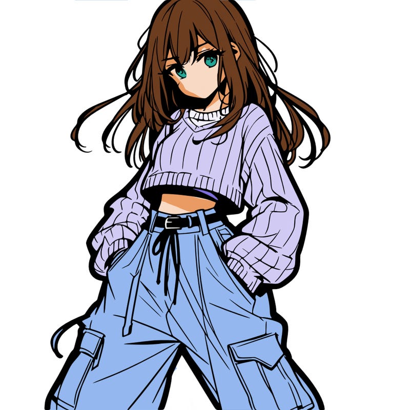 anime teen girl with baggy pants and crop top with sweater