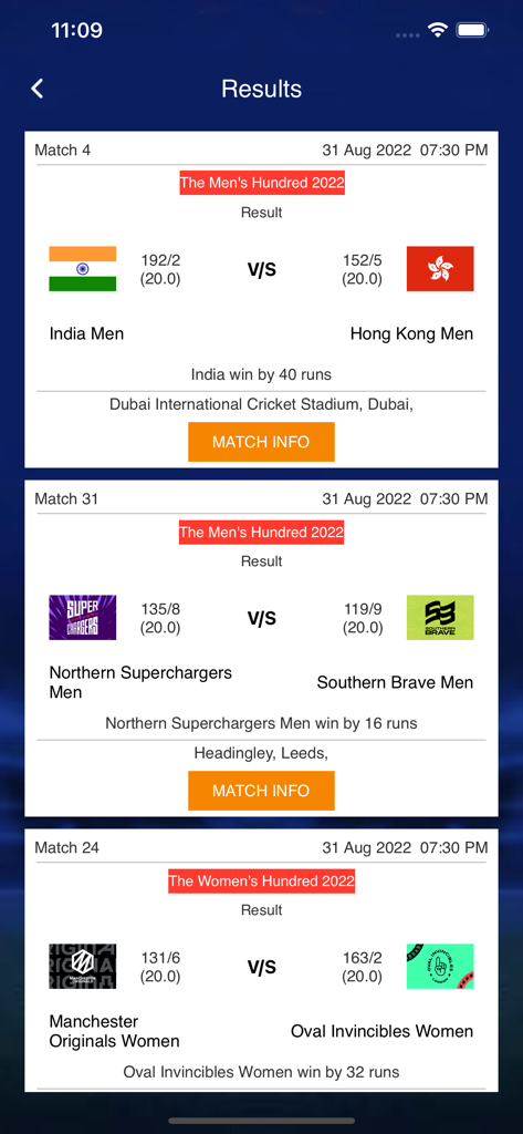 Live Cricket Score - Live Line - Mobile app screen displaying cricket match results and final scores for different international and league tournaments
