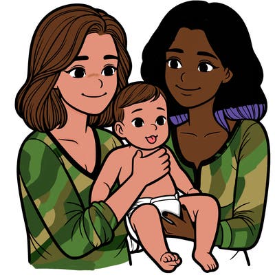 two realistic women holding one baby together