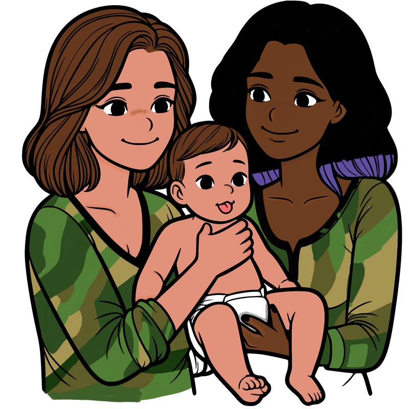 two realistic women holding one baby together