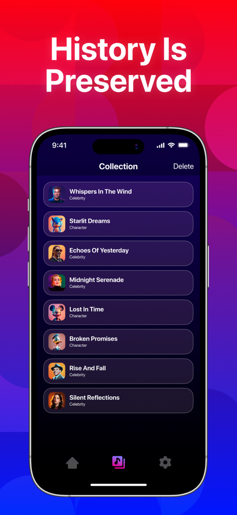 Voice Clone: Changer Song AI - Pantalla de la aplicación que muestra una lista de grabaciones guardadas de Voice Clone en una colección de historial