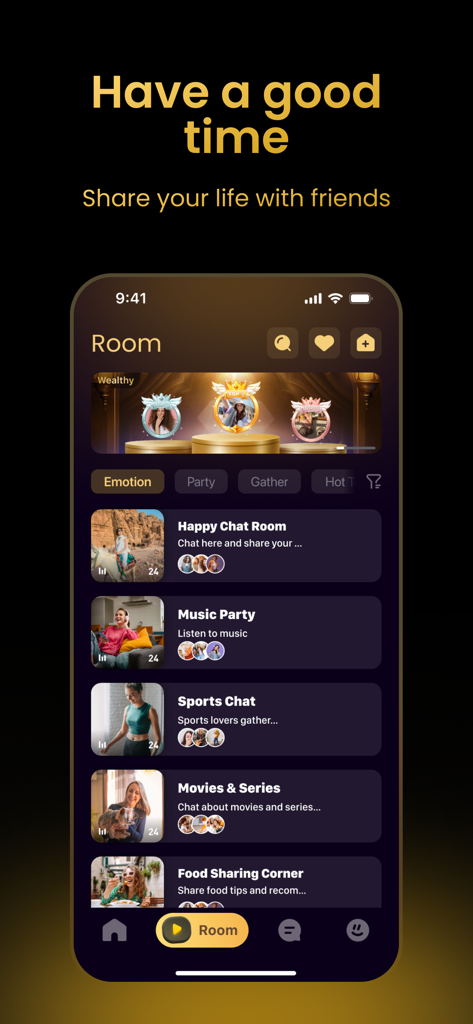 Catchii app interface showing a list of voice chat rooms including music party sports chat and movie discussion groups