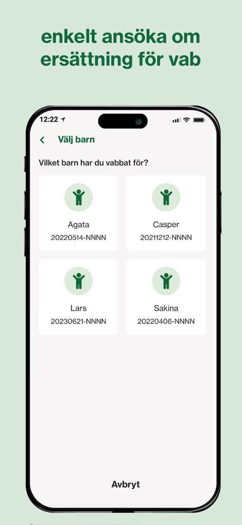 Interface of the Försäkringskassan app showing the screen to select a child when applying for vab benefits
