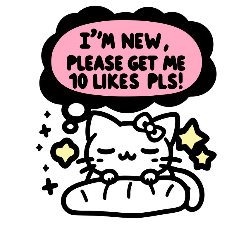 kitty taking a nap dream talking and saying "i'm new, please get me at least 10 likes pls!!"