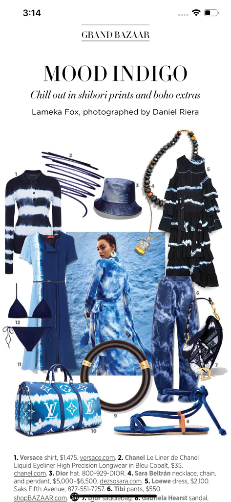 A curated fashion spread titled Mood Indigo featuring blue shibori print luxury apparel and accessories