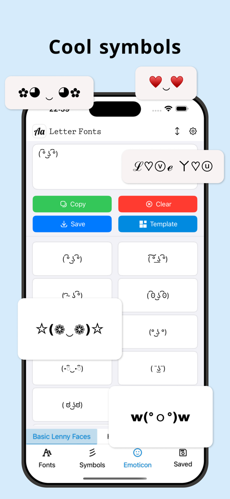 Letter Fonts - Text Stylish - Mobile app screen showing a variety of cool symbols and text emoticons for social media customization