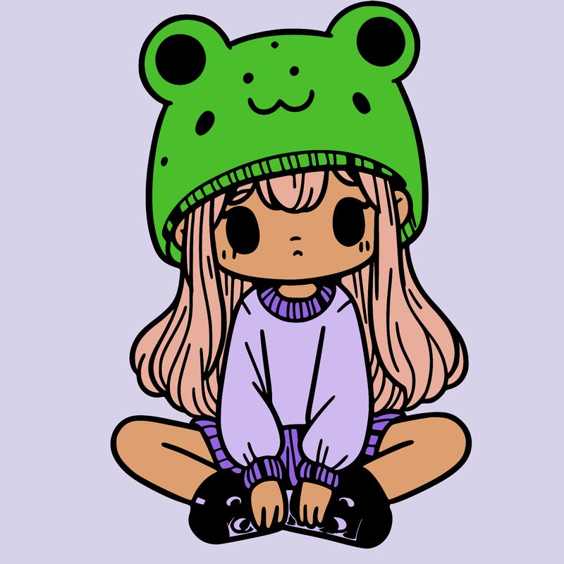 a girl wearing a frog hat and some frog socks