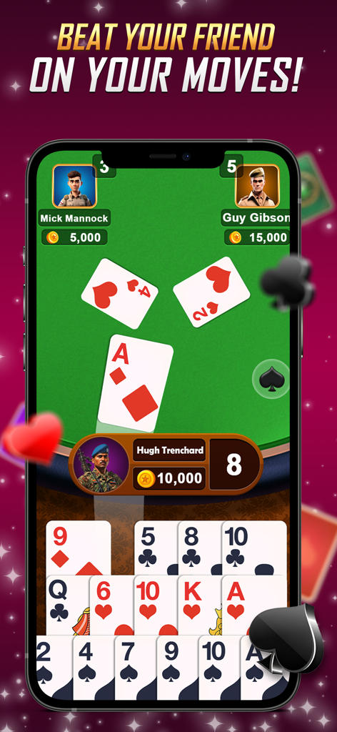 358 Card Game - Gameplay of 358 card game on a smartphone featuring three players and a green felt table