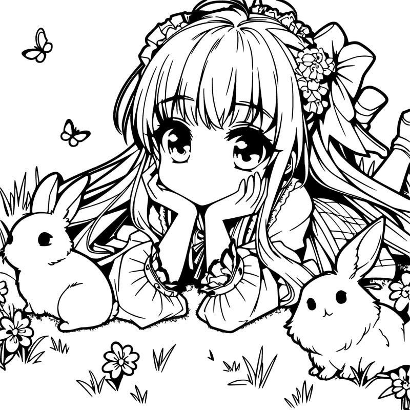 anime girl laying in grass with bunnies