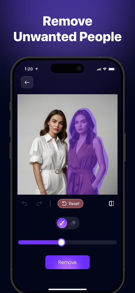 Schermata dell'iPhone che mostra l'interfaccia dell'app RPQ dove uno strumento pennello viola evidenzia una persona in una foto per la rimozione.