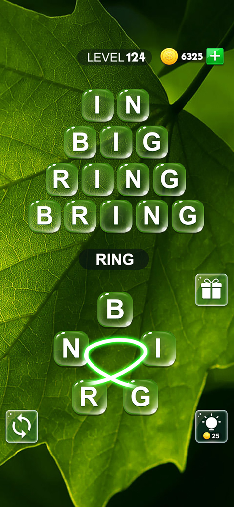 Word Charm mobile game interface showing level 124 with word puzzles over a green leaf background