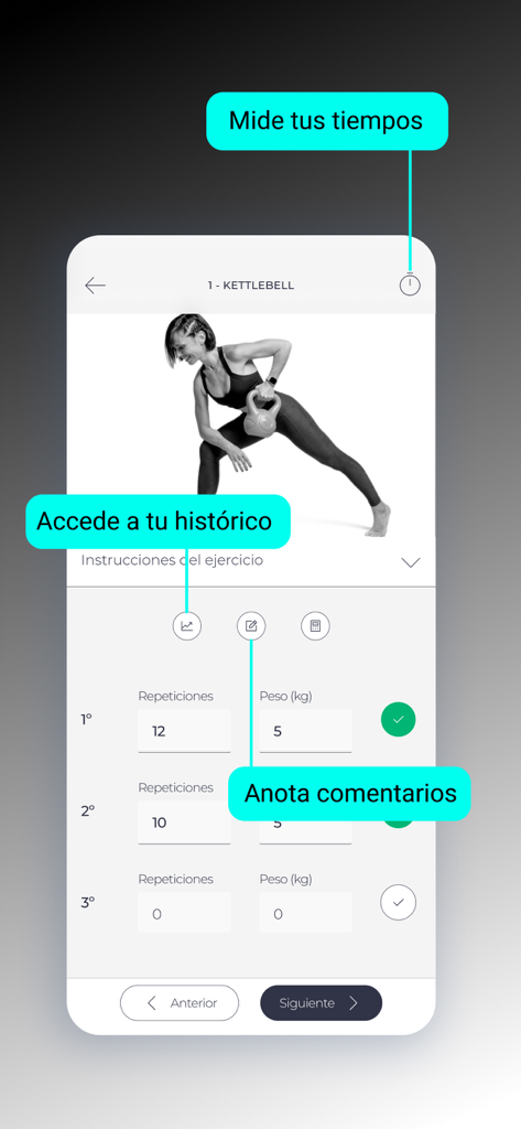 MAMIfit - MAMIfit app workout tracking screen showing a woman performing a kettlebell exercise with fields to log repetitions and weight