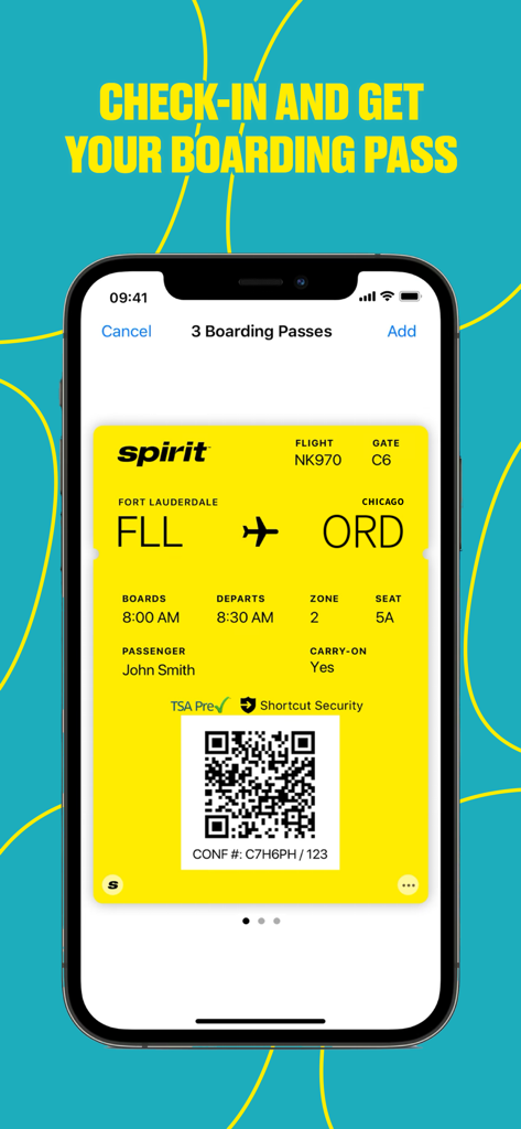 App Spirit Airlines que muestra un pase de abordar digital en un teléfono móvil.
