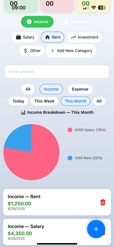 SmartBudget Pro - Income breakdown pie chart and transaction list in SmartBudget Pro app