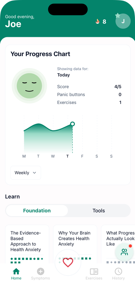 Condri app home screen displaying a progress chart daily stats and educational mental health articles