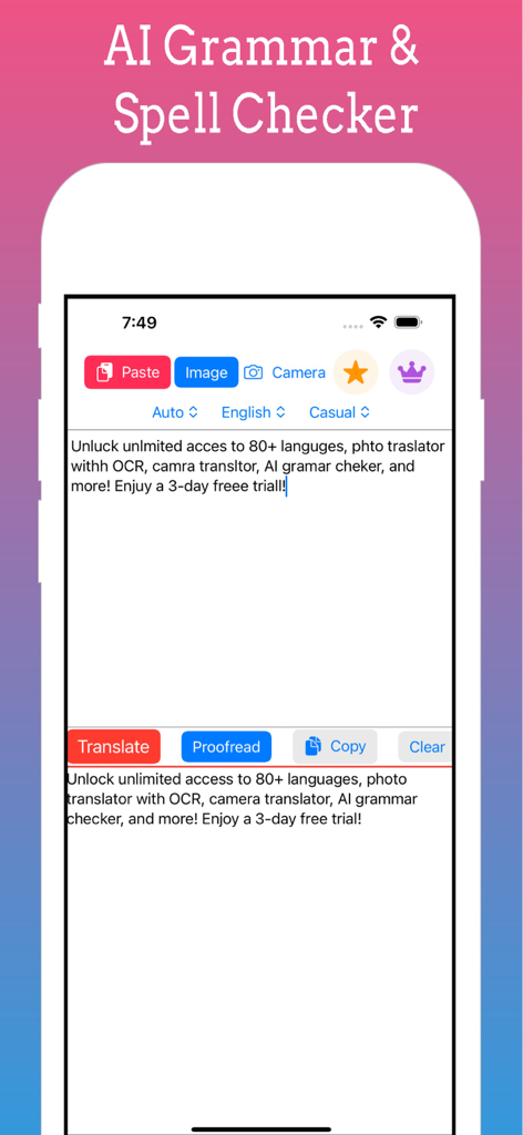 AI Translator, Translate Photo - Interfaz del corrector gramatical y ortográfico IA mostrando correcciones de texto