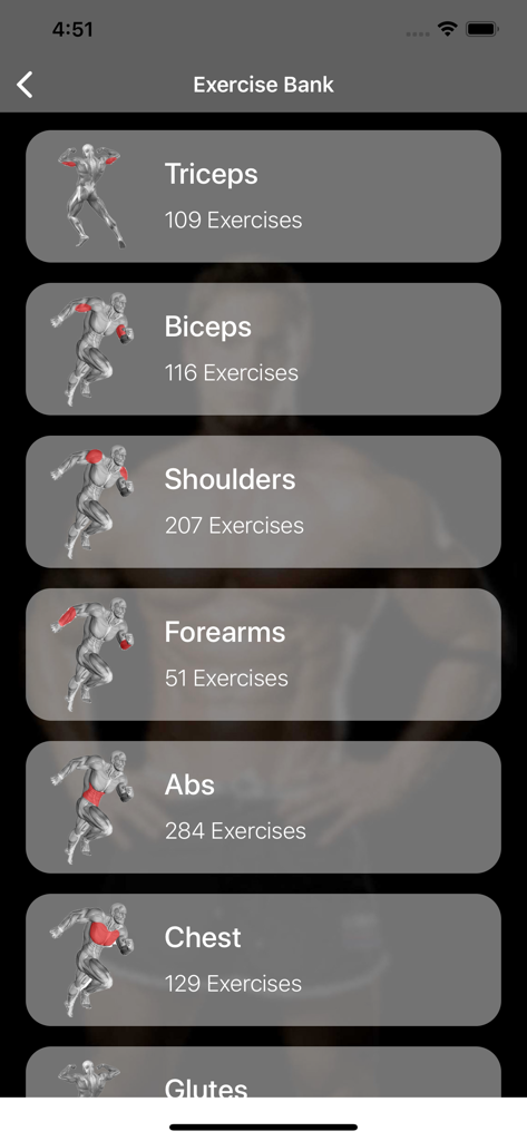 Fitnesskar app screen displaying the exercise bank with various muscle group categories like triceps and biceps