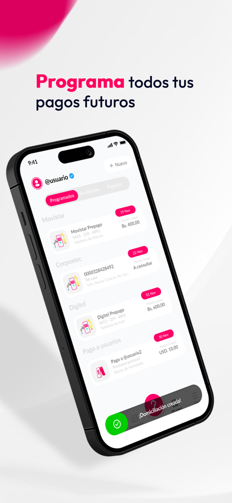 PagoDirecto - Pantalla de la aplicación PagoDirecto mostrando pagos programados para servicios futuros