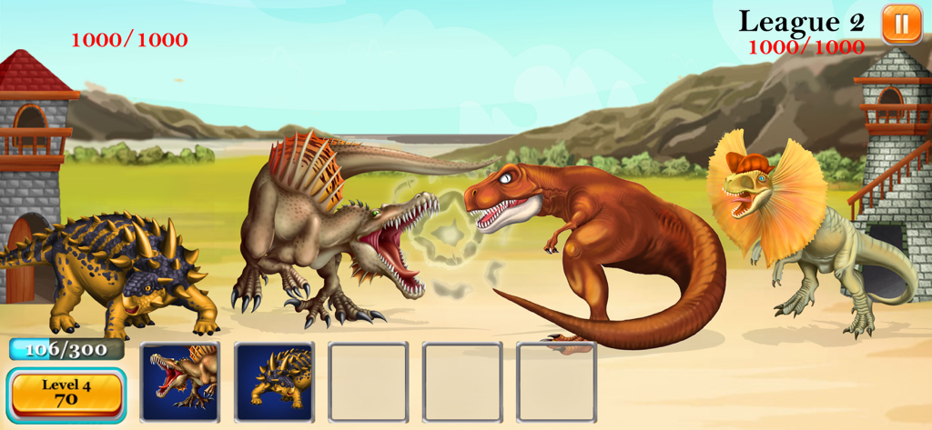 Dinosaur Zoo-The Jurassic game - Escena de juego de arena de batalla con dinosaurios prehistóricos como T-Rex y Spinosaurus en Dinosaur Zoo
