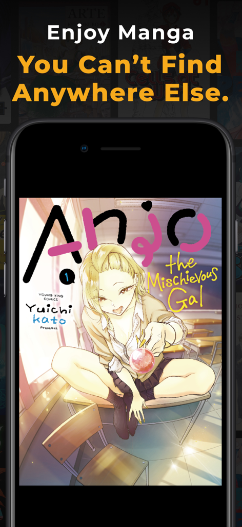 A smartphone showing the Anjo the Mischievous Gal manga cover on the emaqi app interface