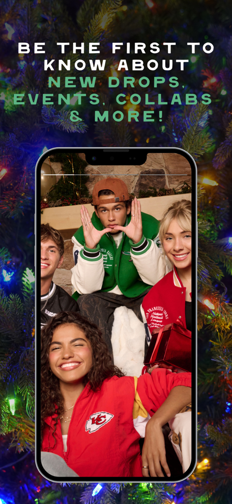 Aeropostale app screen showing teenagers in holiday fashion with a notification for new drops and events