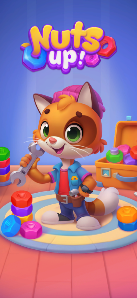 Nuts UP! Bolts Sort Puzzle - Nuts UP Bolts Sort Puzzle splash screen featuring a fox mascot with a wrench and colorful nuts