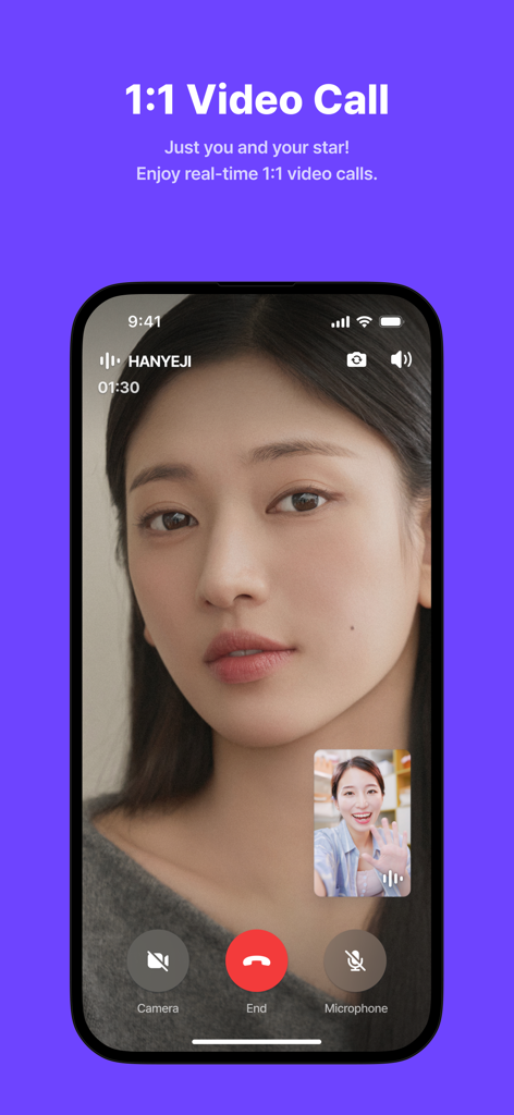 LiNC(링크) - A mobile interface of the LiNC app showing a one on one video call between a fan and a K-pop idol