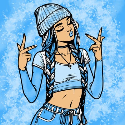 realistic teenage girl with braids and a beanie and crop top doing 🫶🏼