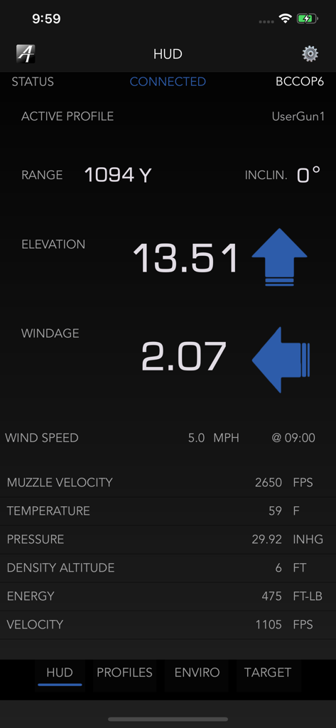 HUD interface of Applied Ballistics Connect app displaying ballistic solution data including elevation and windage