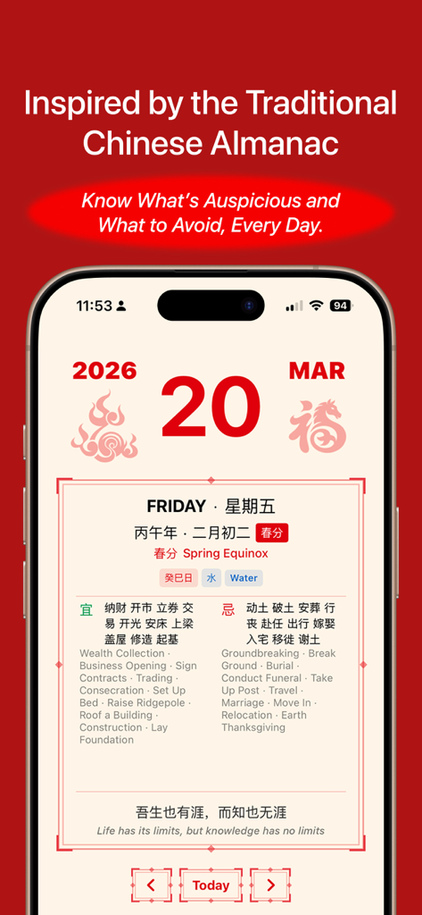 Feng Shui Calendar Widget - Pantalla de smartphone que muestra la interfaz de la aplicación Feng Shui Calendar con actividades diarias auspiciosas y a evitar basadas en el almanaque chino.