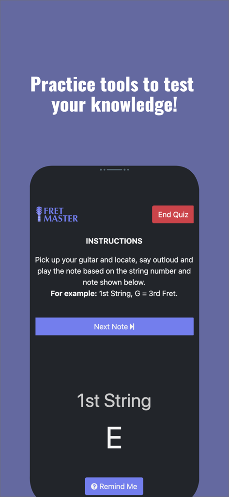 Fret Master - Screenshot dell'app Fret Master che mostra uno strumento di pratica per chitarra in cui all'utente viene chiesto di localizzare la nota Mi sulla prima corda.