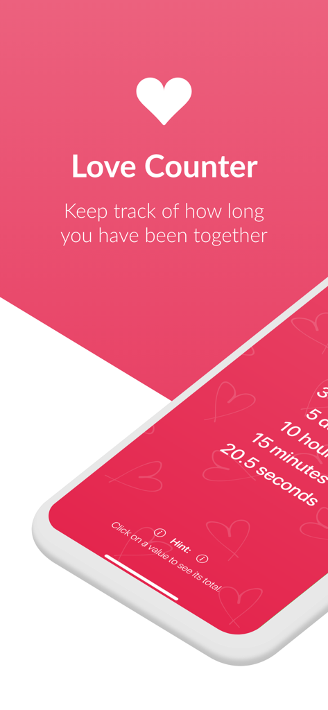Love Counter – Time in Love - Pantalla de la aplicación Love Counter que muestra el tiempo de relación transcurrido en horas y minutos