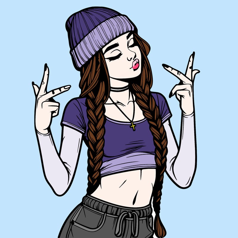 realistic teenage girl with braids and a beanie and crop top doing 🫶🏼