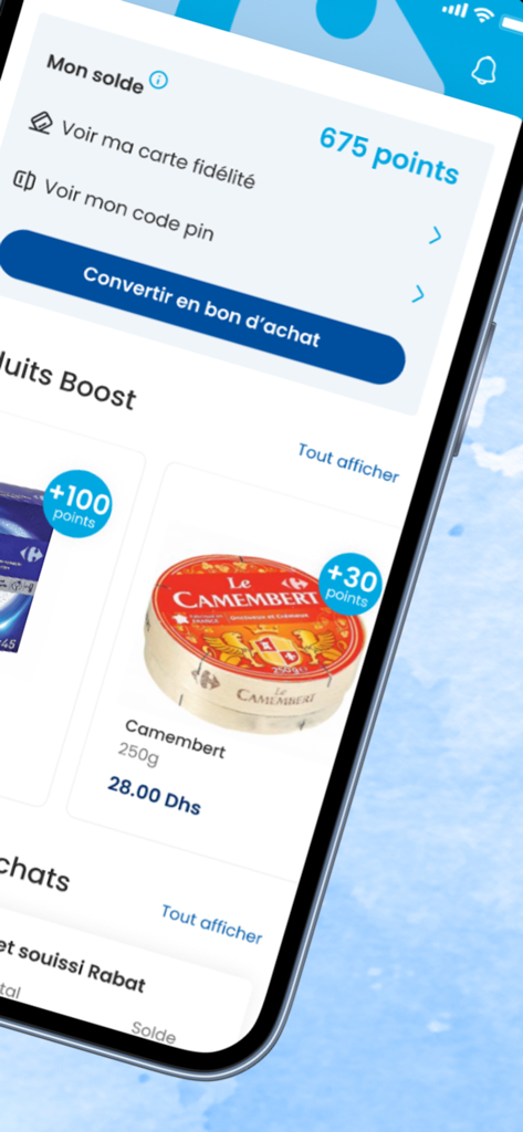 Application Carrefour Maroc montrant le solde des points de fidélité et les produits boost