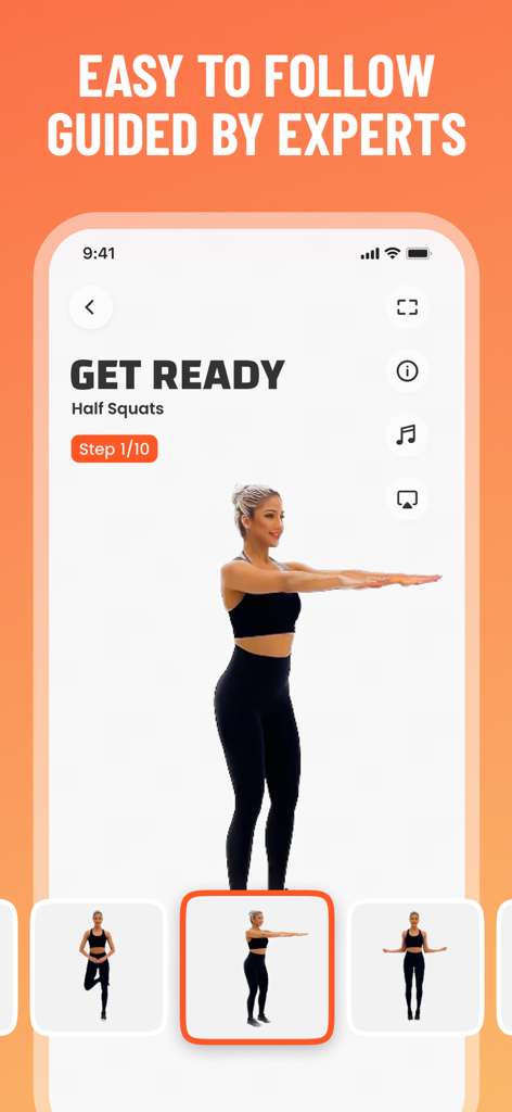 Lose Weight in 30 Days at Home - Guided workout screen showing a woman performing half squats in a fitness app